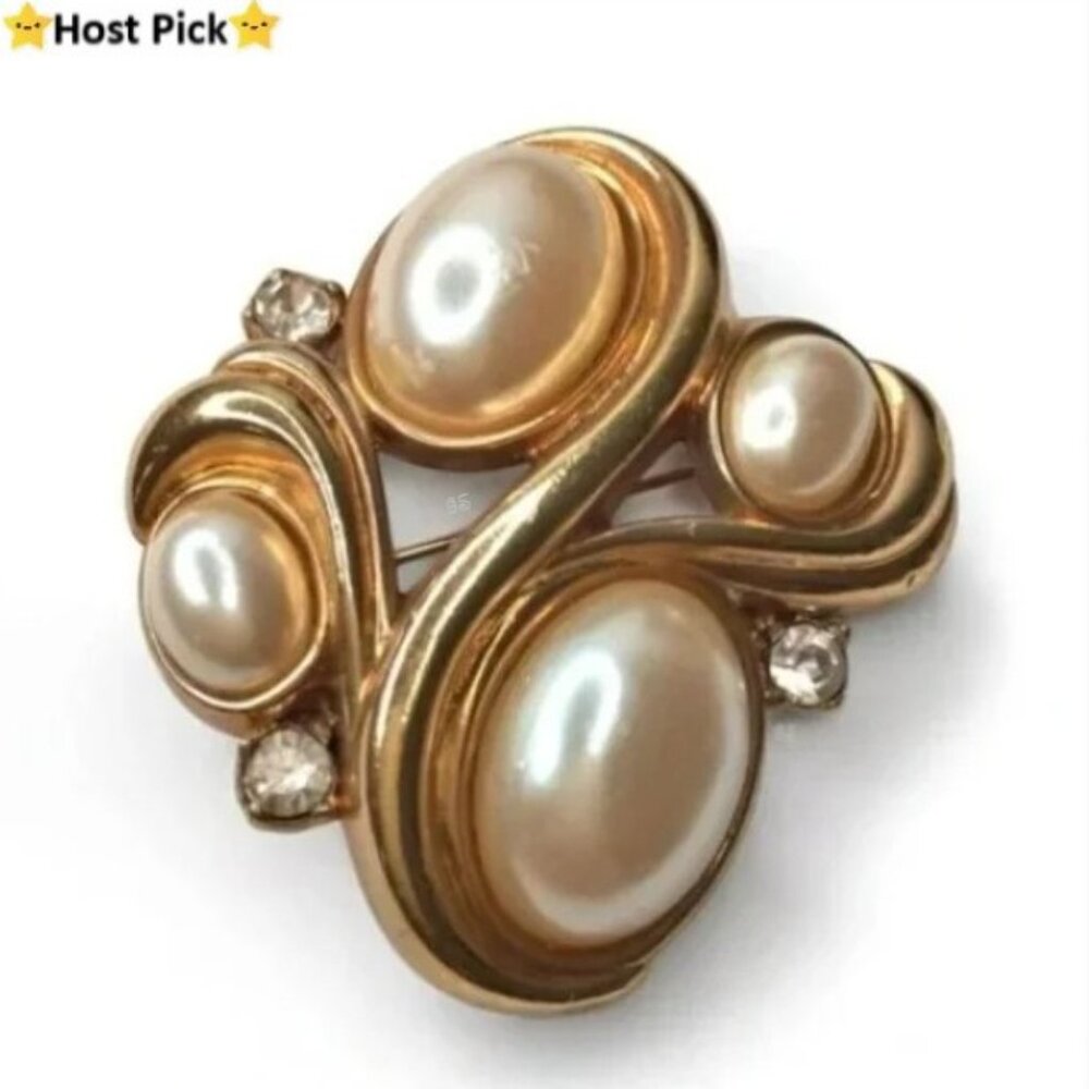Vintage MONET Gold-Tone Faux Pearl & Rhinestone Brooch - Rare